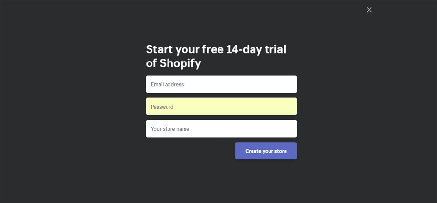 Регистрация пробной бесплатной версии Shopify